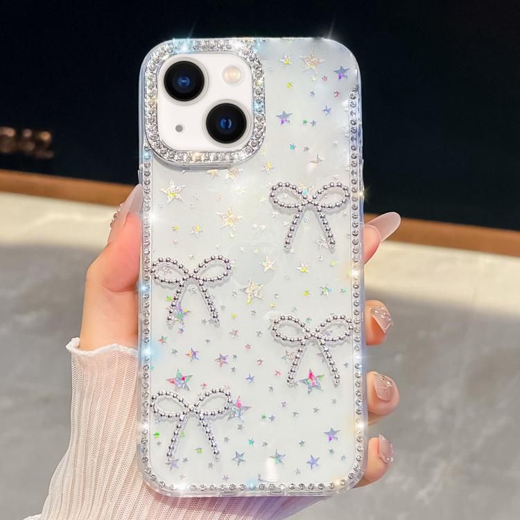 For iPhone 14 Diamond Glitter Bow-knot Four-Corner Shockproof Phone Case