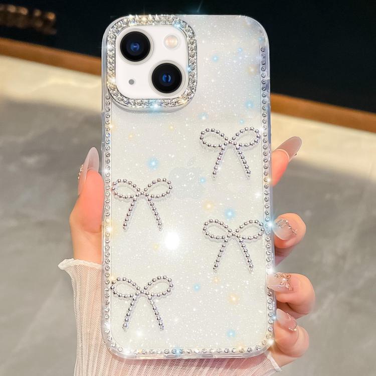 For iPhone 14 Diamond Glitter Bow-knot Four-Corner Shockproof Phone Case