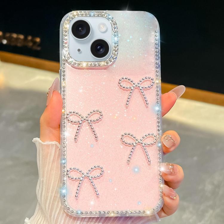For iPhone 15 Diamond Glitter Bow-knot Four-Corner Shockproof Phone Case