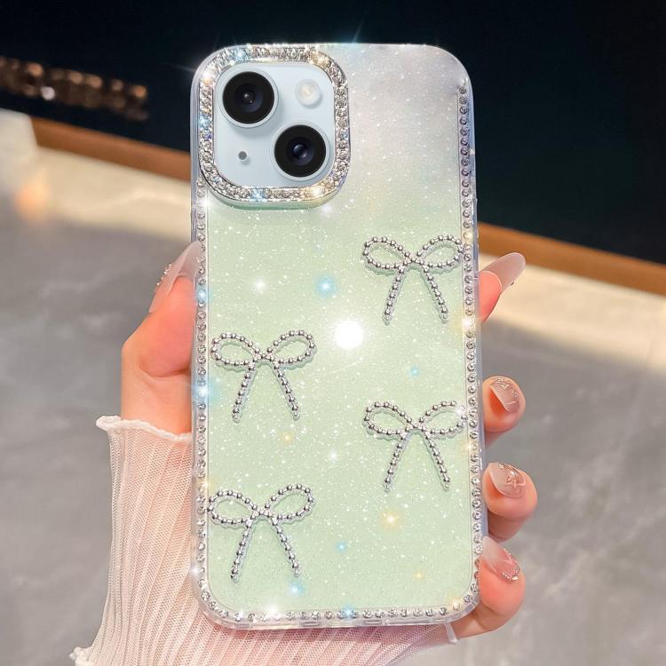 For iPhone 15 Diamond Glitter Bow-knot Four-Corner Shockproof Phone Case