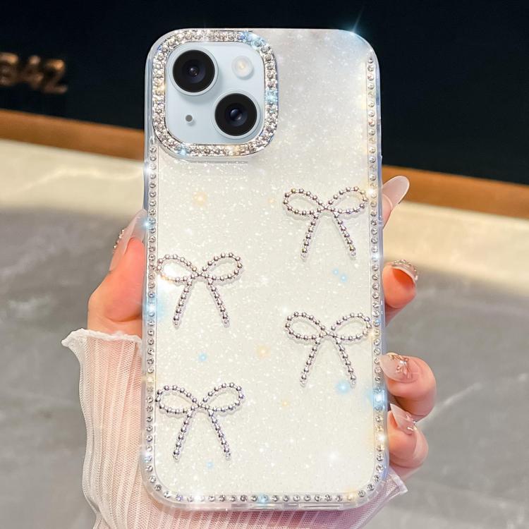 For iPhone 15 Diamond Glitter Bow-knot Four-Corner Shockproof Phone Case