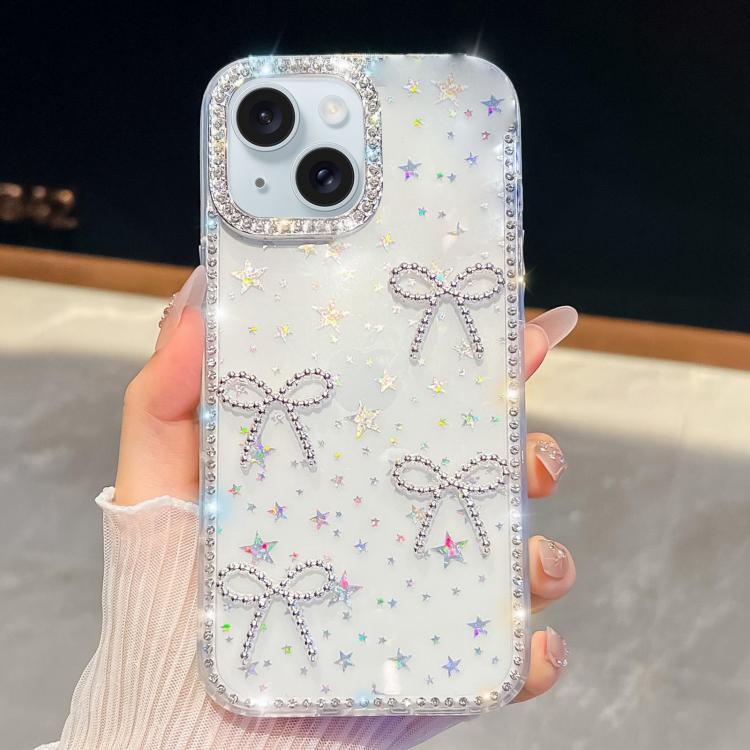 For iPhone 15 Diamond Glitter Bow-knot Four-Corner Shockproof Phone Case