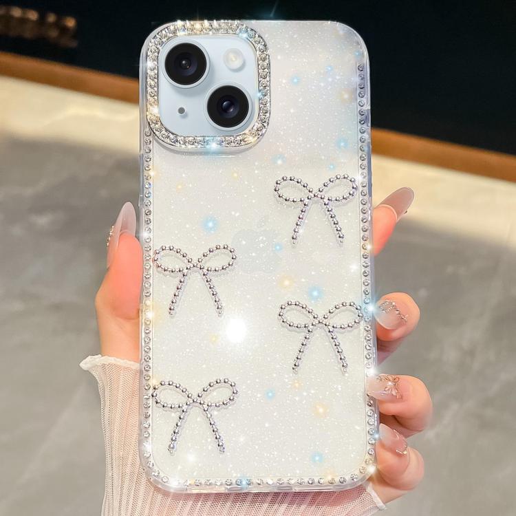 For iPhone 15 Diamond Glitter Bow-knot Four-Corner Shockproof Phone Case
