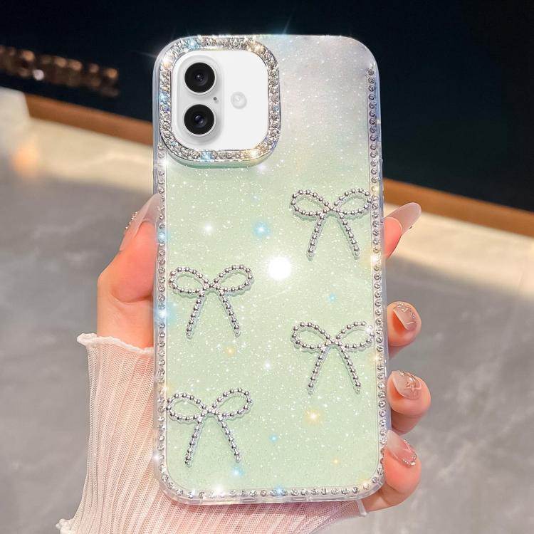 For iPhone 16 Diamond Glitter Bow-knot Four-Corner Shockproof Phone Case