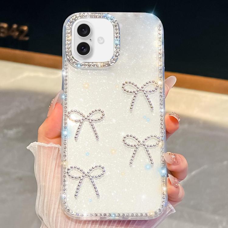 For iPhone 16 Diamond Glitter Bow-knot Four-Corner Shockproof Phone Case