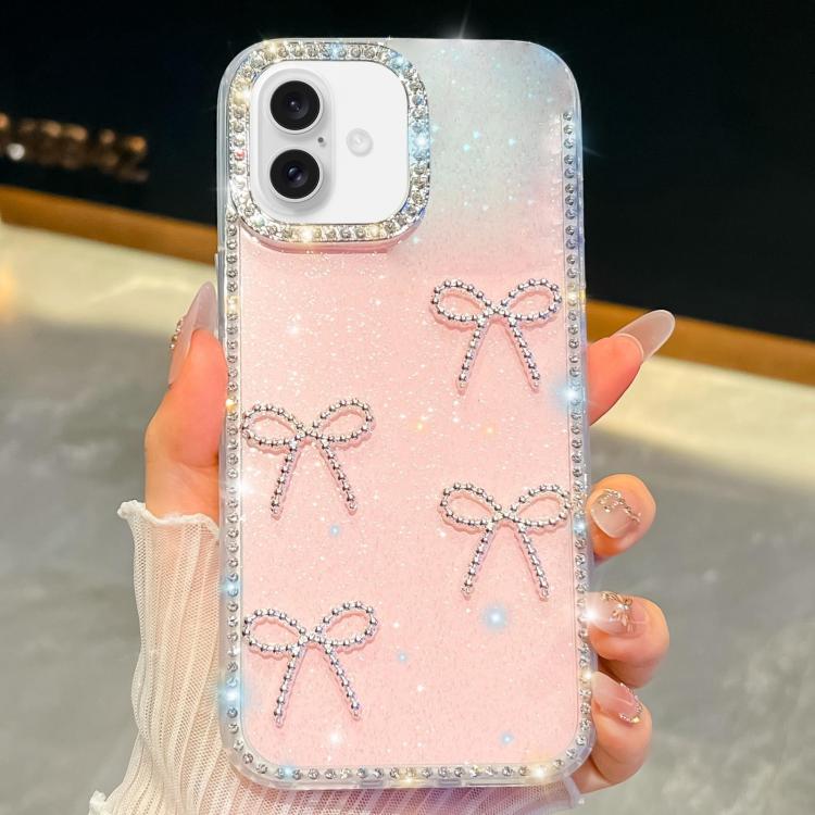 For iPhone 16 Plus Diamond Glitter Bow-knot Four-Corner Shockproof Phone Case