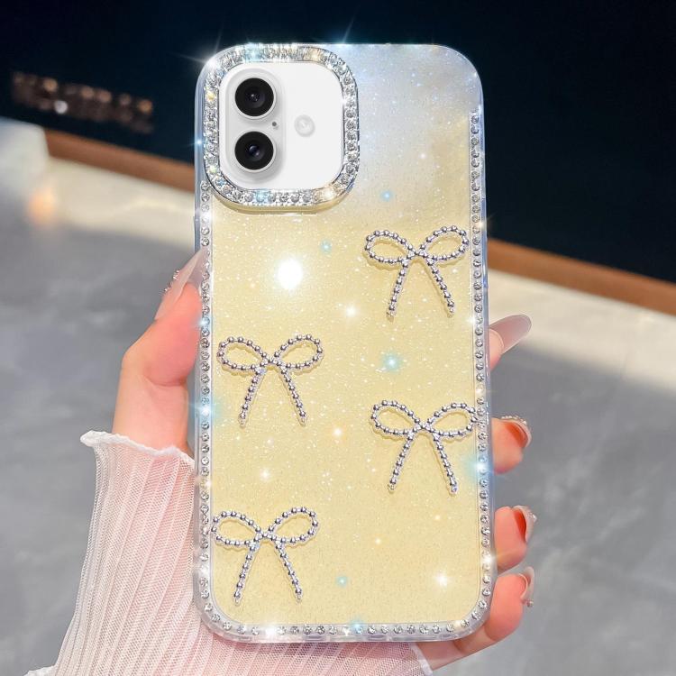 For iPhone 16 Plus Diamond Glitter Bow-knot Four-Corner Shockproof Phone Case