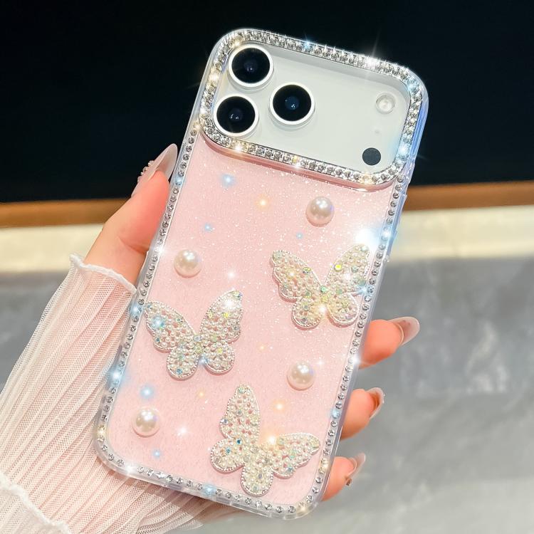For iPhone 17 Pro Max Diamond Glitter Pearl Butterfly Four-Corner Shockproof Phone Case
