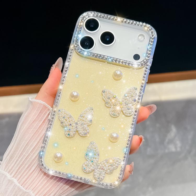 For iPhone 17 Pro Max Diamond Glitter Pearl Butterfly Four-Corner Shockproof Phone Case