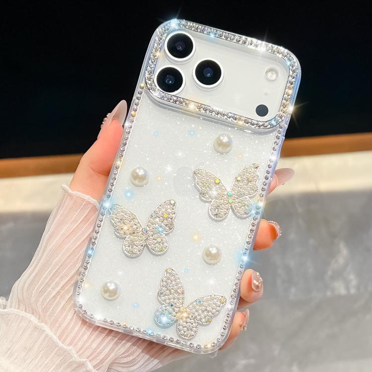 For iPhone 17 Pro Max Diamond Glitter Pearl Butterfly Four-Corner Shockproof Phone Case