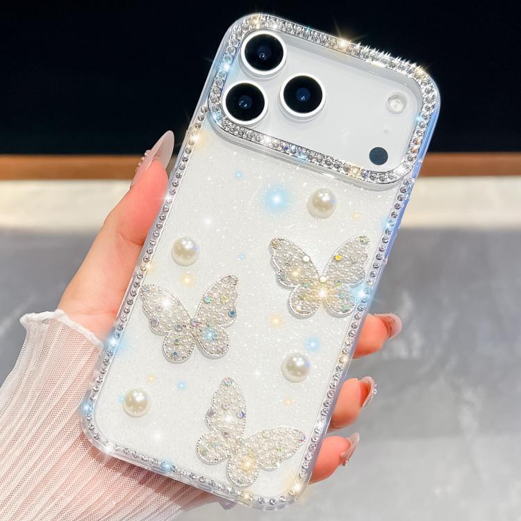 For iPhone 17 Pro Max Diamond Glitter Pearl Butterfly Four-Corner Shockproof Phone Case