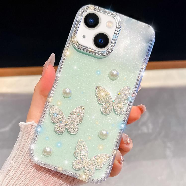 For iPhone 13 Diamond Glitter Pearl Butterfly Four-Corner Shockproof Phone Case