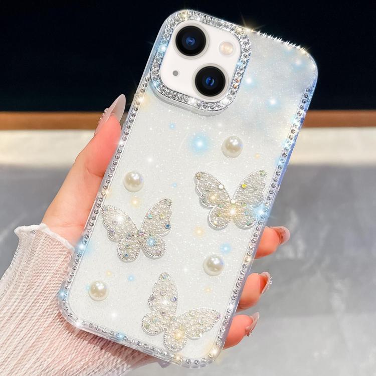 For iPhone 13 Diamond Glitter Pearl Butterfly Four-Corner Shockproof Phone Case