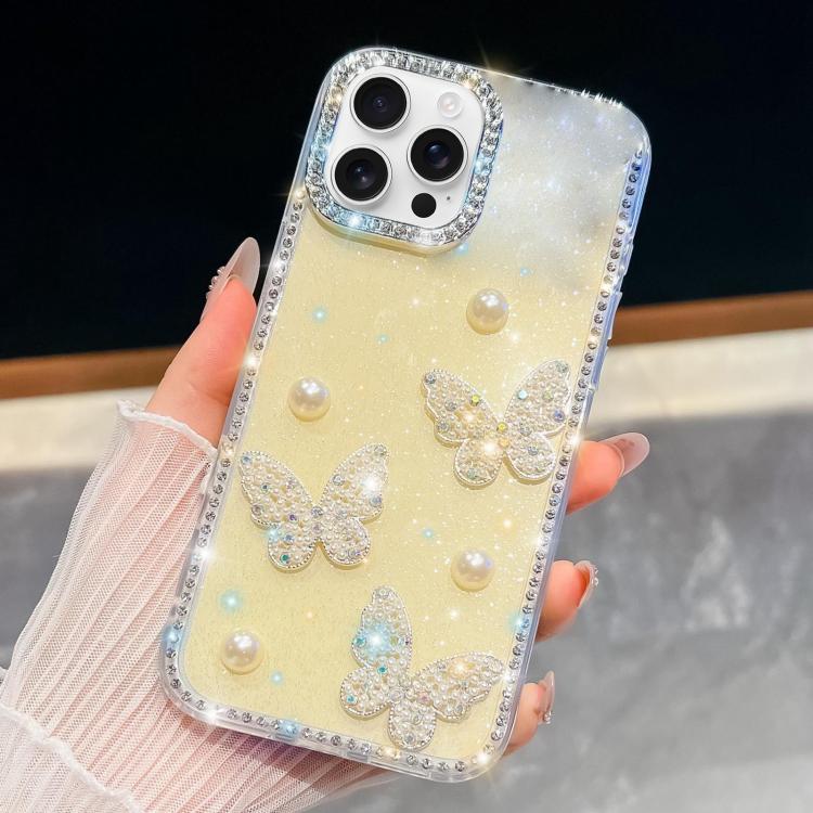 For iPhone 13 Pro Max Diamond Glitter Pearl Butterfly Four-Corner Shockproof Phone Case