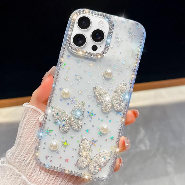 For iPhone 13 Pro Max Diamond Glitter Pearl Butterfly Four-Corner Shockproof Phone Case