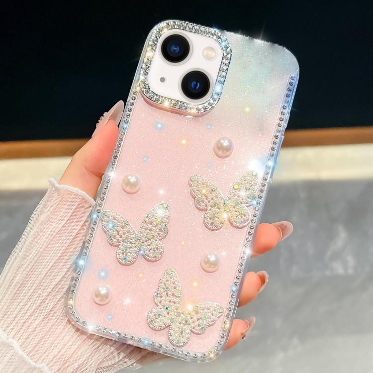 For iPhone 14 Diamond Glitter Pearl Butterfly Four-Corner Shockproof Phone Case