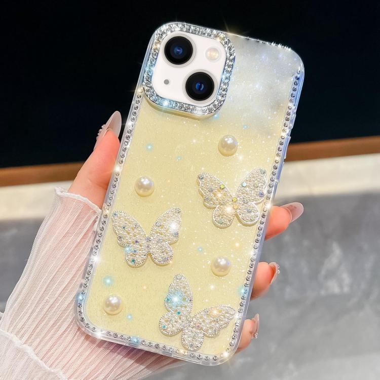 For iPhone 14 Diamond Glitter Pearl Butterfly Four-Corner Shockproof Phone Case