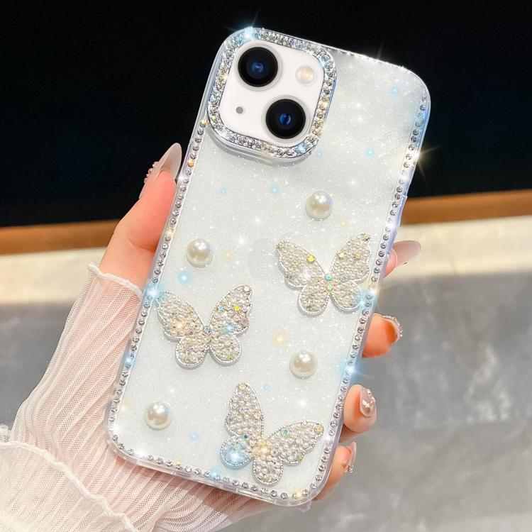 For iPhone 14 Diamond Glitter Pearl Butterfly Four-Corner Shockproof Phone Case