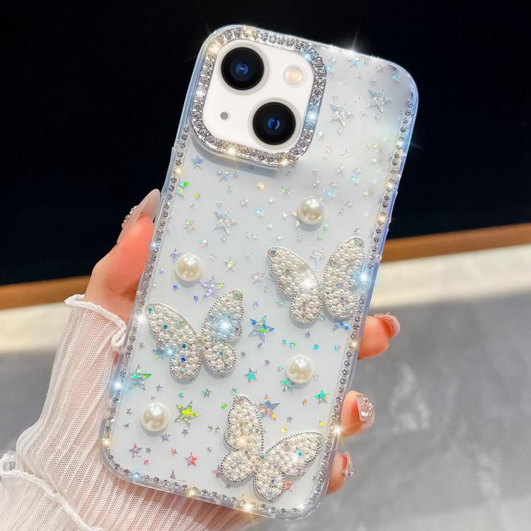 For iPhone 14 Diamond Glitter Pearl Butterfly Four-Corner Shockproof Phone Case