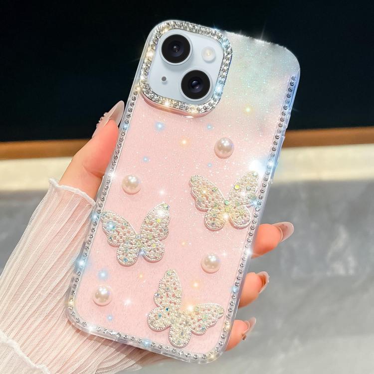 For iPhone 15 Diamond Glitter Pearl Butterfly Four-Corner Shockproof Phone Case