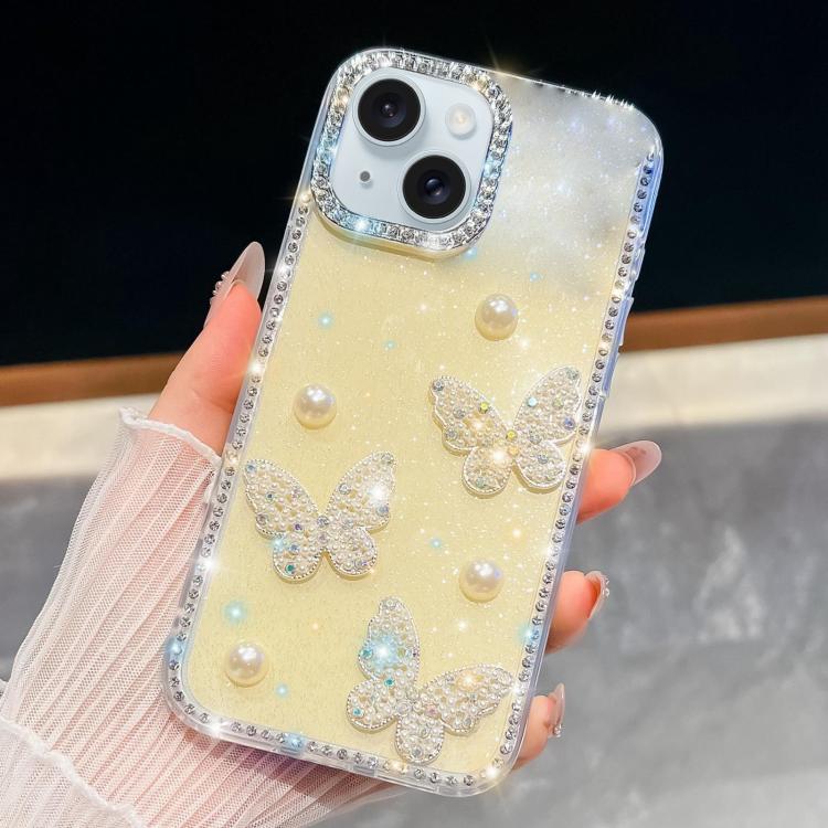 For iPhone 15 Diamond Glitter Pearl Butterfly Four-Corner Shockproof Phone Case