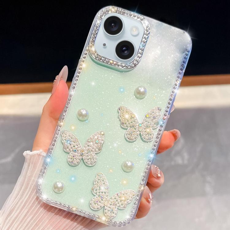 For iPhone 15 Diamond Glitter Pearl Butterfly Four-Corner Shockproof Phone Case