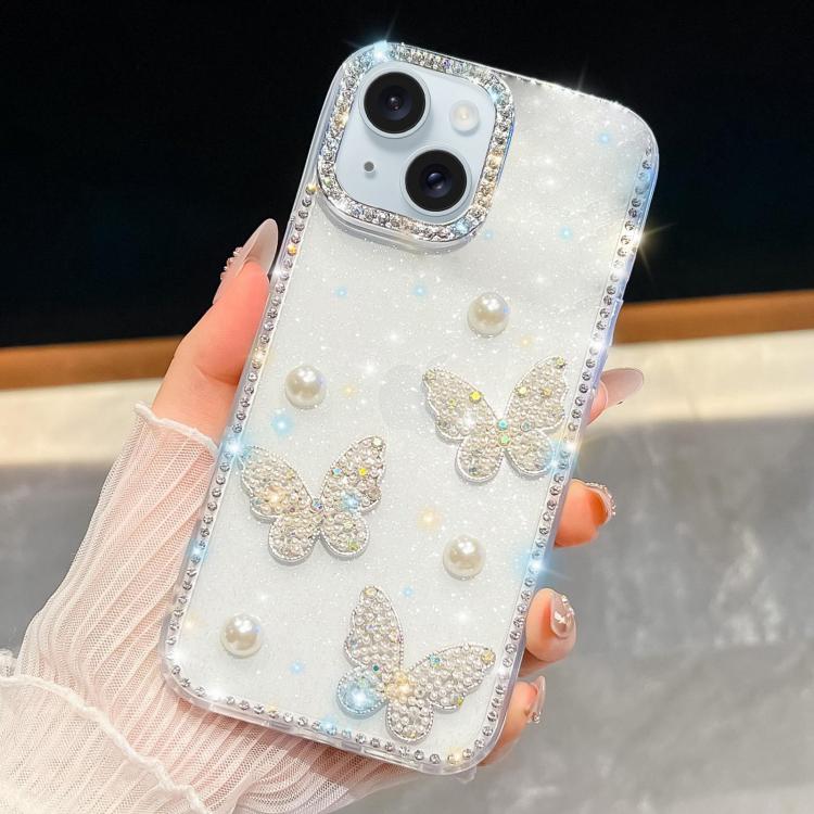 For iPhone 15 Diamond Glitter Pearl Butterfly Four-Corner Shockproof Phone Case