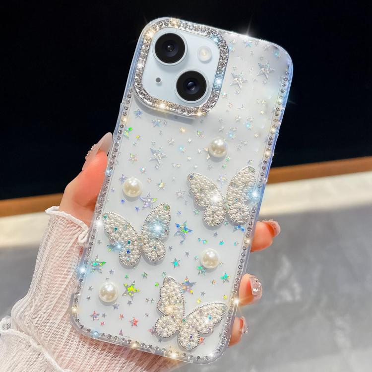 For iPhone 15 Diamond Glitter Pearl Butterfly Four-Corner Shockproof Phone Case