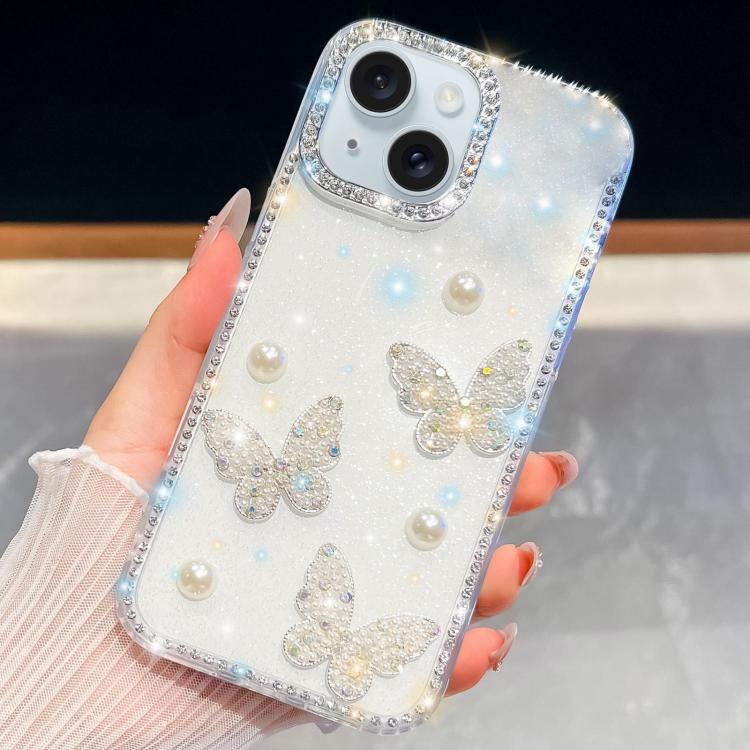 For iPhone 15 Diamond Glitter Pearl Butterfly Four-Corner Shockproof Phone Case