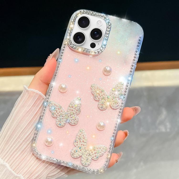For iPhone 15 Pro Max Diamond Glitter Pearl Butterfly Four-Corner Shockproof Phone Case