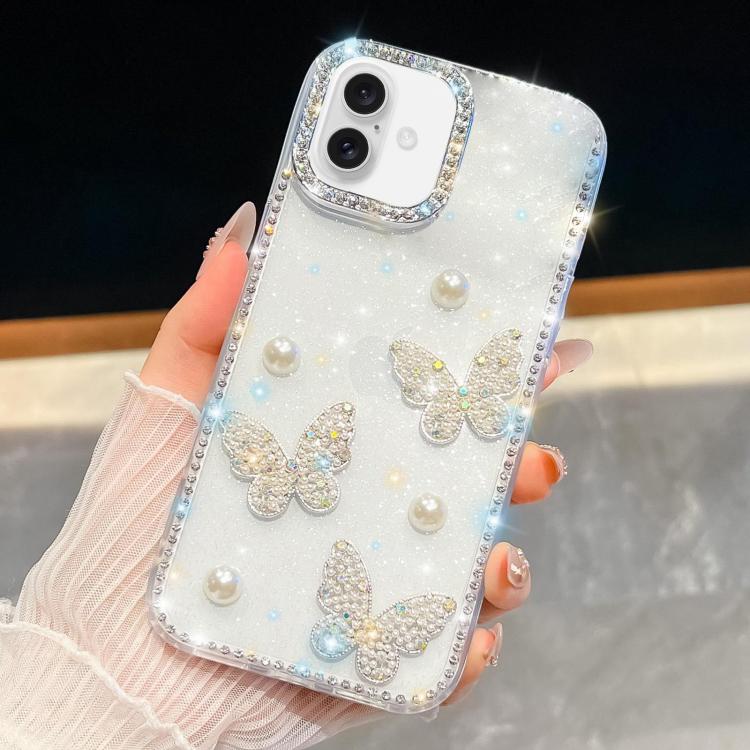 For iPhone 16 Diamond Glitter Pearl Butterfly Four-Corner Shockproof Phone Case