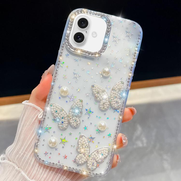 For iPhone 16 Diamond Glitter Pearl Butterfly Four-Corner Shockproof Phone Case