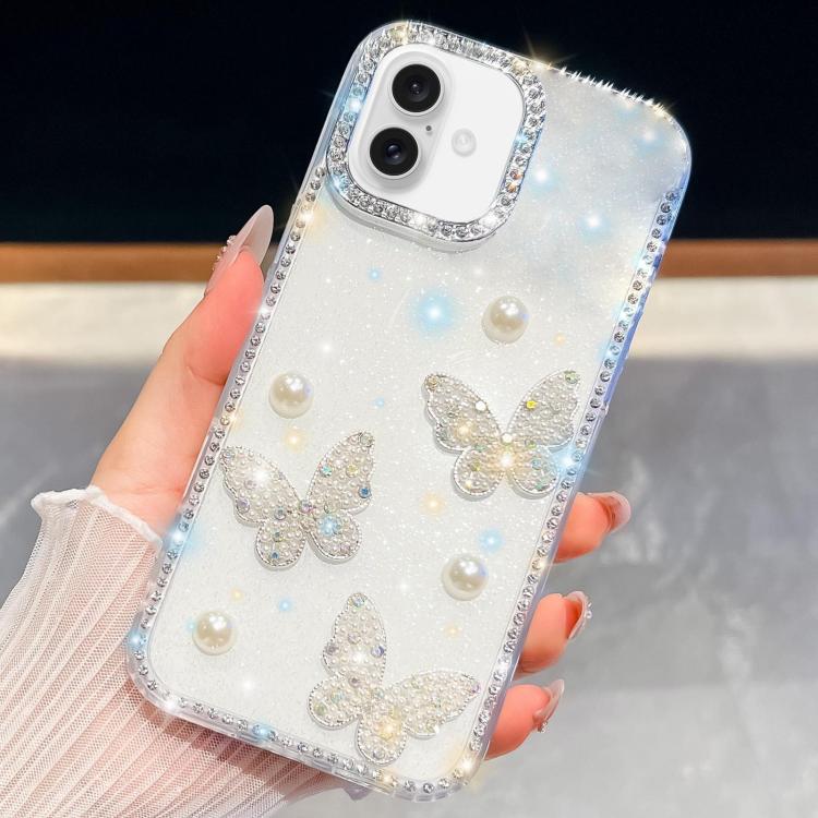 For iPhone 16 Diamond Glitter Pearl Butterfly Four-Corner Shockproof Phone Case