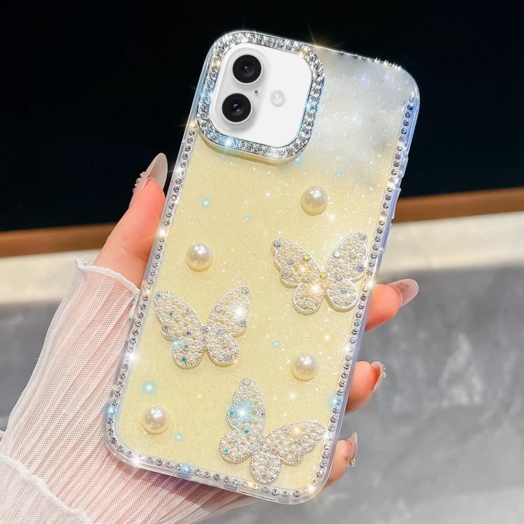 For iPhone 16 Plus Diamond Glitter Pearl Butterfly Four-Corner Shockproof Phone Case