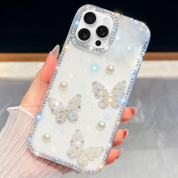 For iPhone 16 Pro Diamond Glitter Pearl Butterfly Four-Corner Shockproof Phone Case