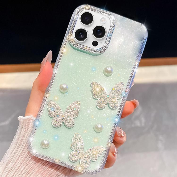 For iPhone 16 Pro Max Diamond Glitter Pearl Butterfly Four-Corner Shockproof Phone Case