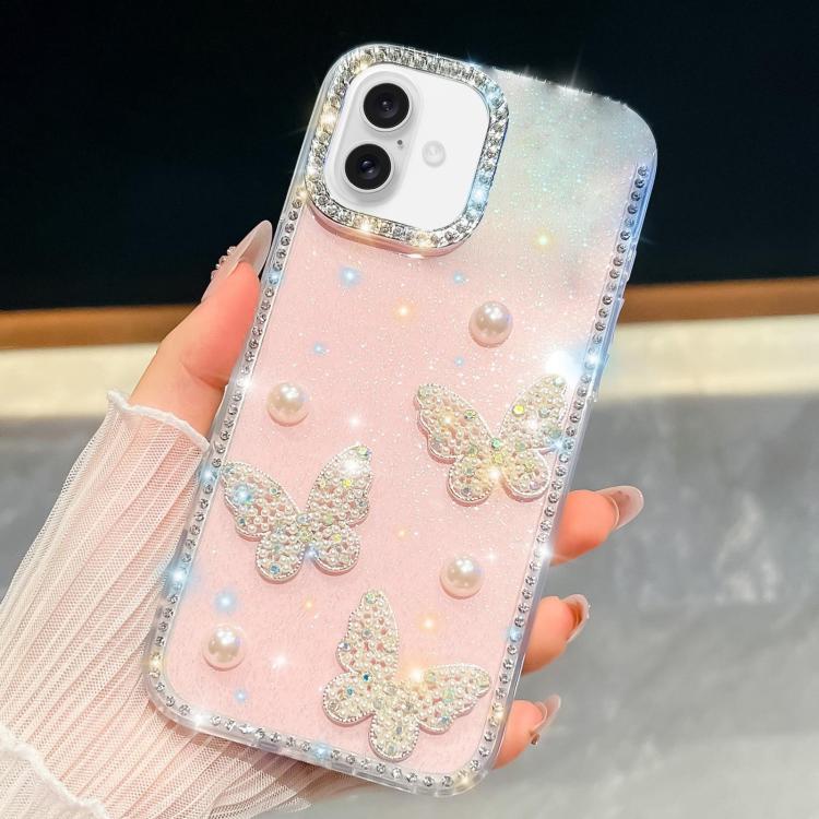 For iPhone 17 Diamond Glitter Pearl Butterfly Four-Corner Shockproof Phone Case