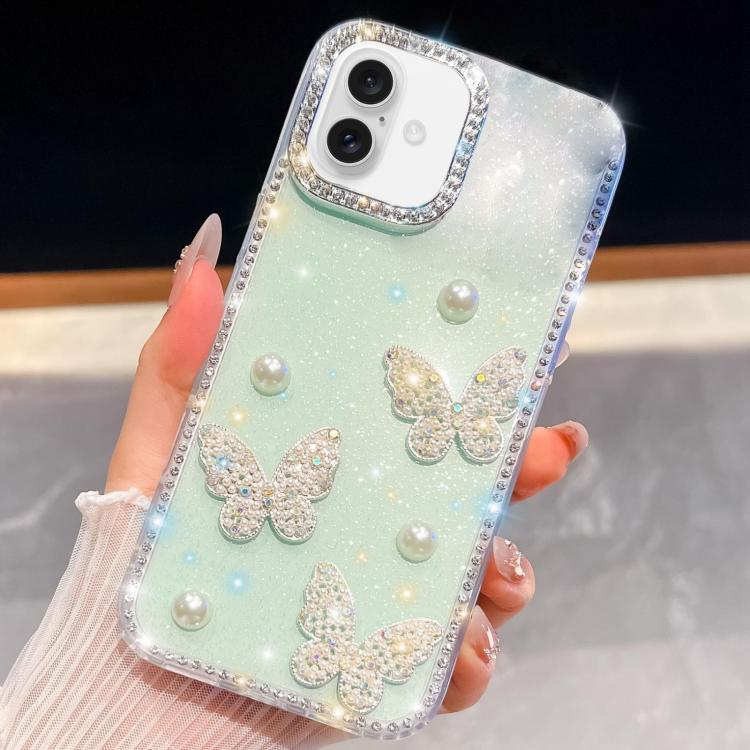 For iPhone 17 Diamond Glitter Pearl Butterfly Four-Corner Shockproof Phone Case