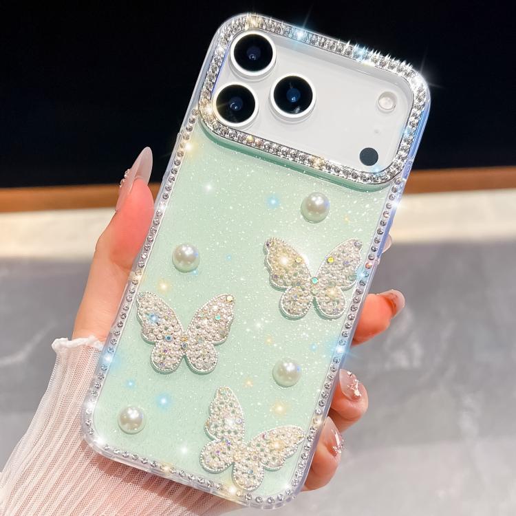 For iPhone 17 Pro Diamond Glitter Pearl Butterfly Four-Corner Shockproof Phone Case