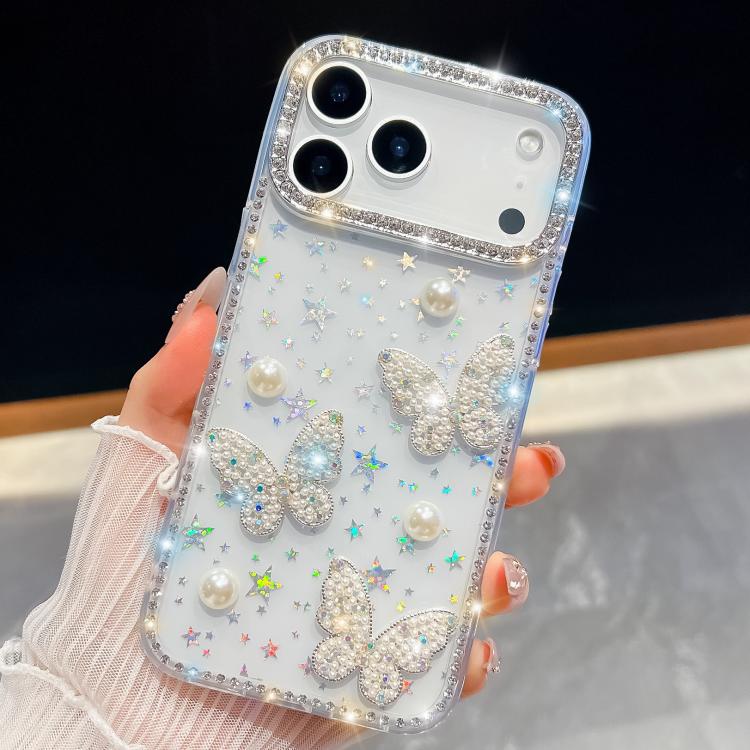 For iPhone 17 Pro Diamond Glitter Pearl Butterfly Four-Corner Shockproof Phone Case