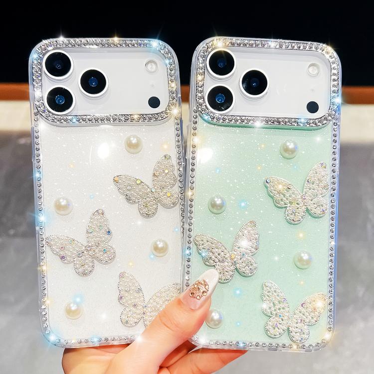 For iPhone 13 Diamond Glitter Pearl Butterfly Four-Corner Shockproof Phone Case
