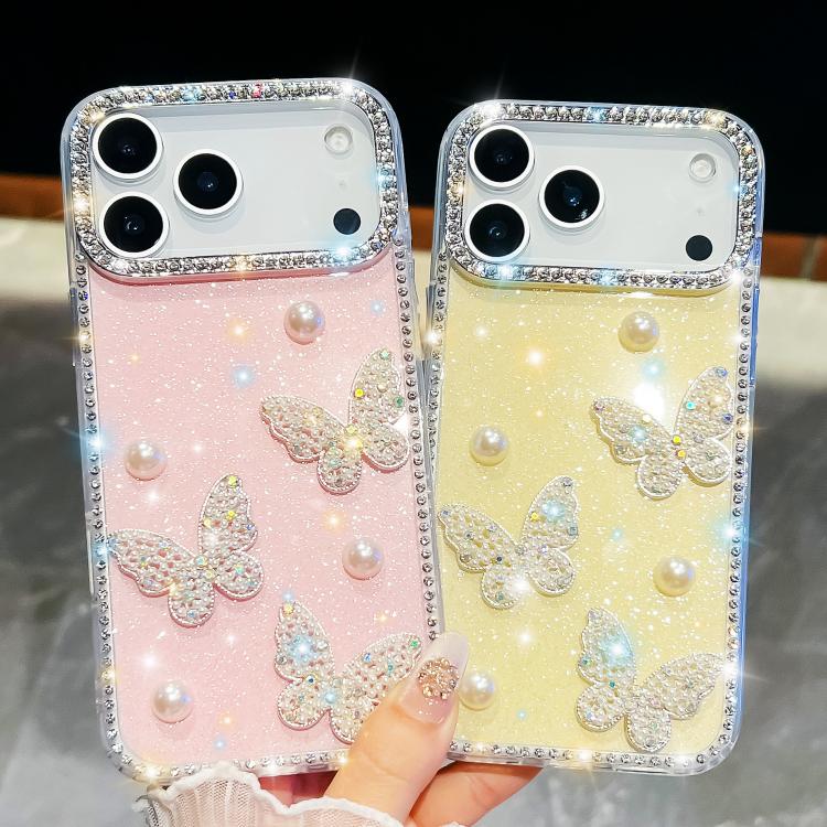 For iPhone 13 Diamond Glitter Pearl Butterfly Four-Corner Shockproof Phone Case