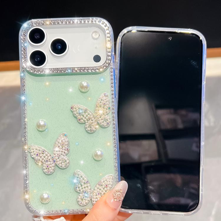 For iPhone 13 Diamond Glitter Pearl Butterfly Four-Corner Shockproof Phone Case