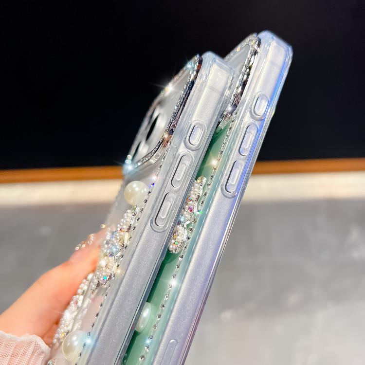 For iPhone 13 Diamond Glitter Pearl Butterfly Four-Corner Shockproof Phone Case