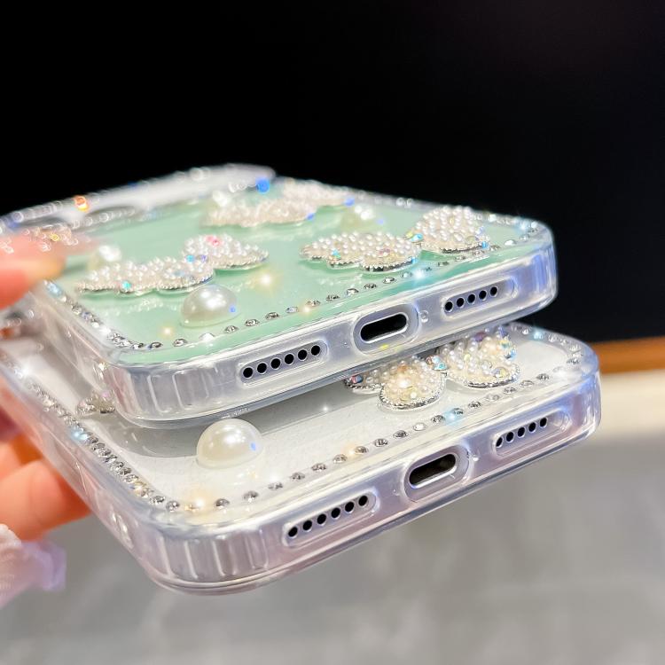 For iPhone 13 Diamond Glitter Pearl Butterfly Four-Corner Shockproof Phone Case