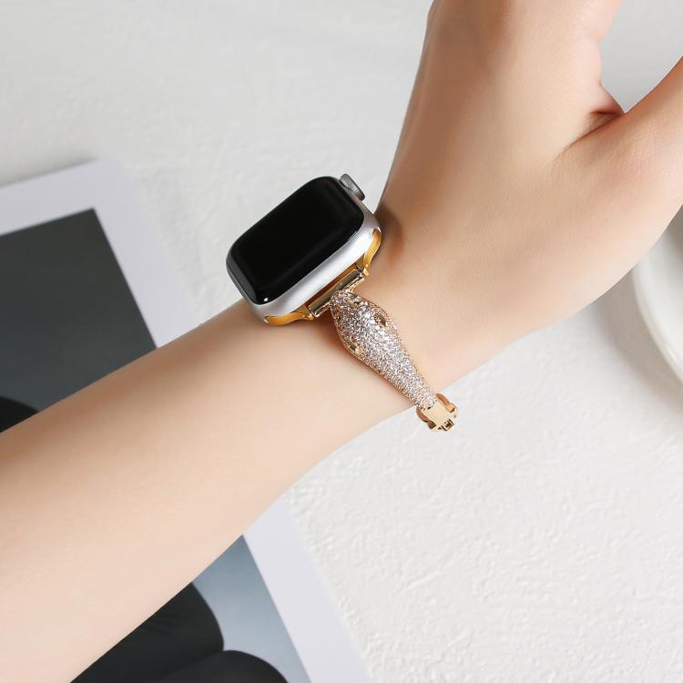For Apple Watch 46mm / 49mm / 45mm / 44mm Copper Inlaid Zircon Leopard Head Watch Band
