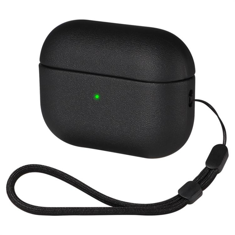 For AirPods 2 / 1 Simple Solid Color Soft Leather Texture TPU Earphone Protective Cover with Strap