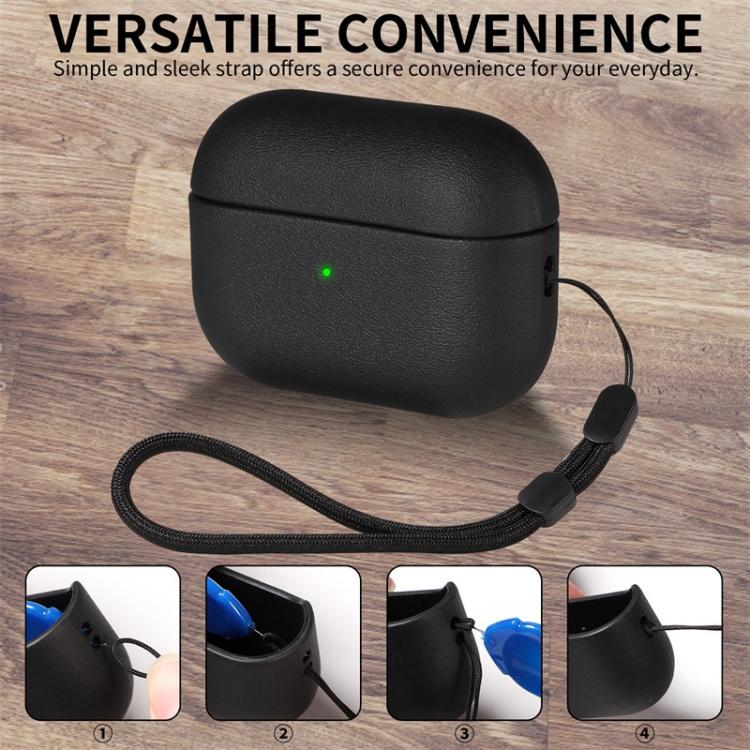 For AirPods 2 / 1 Simple Solid Color Soft Leather Texture TPU Earphone Protective Cover with Strap