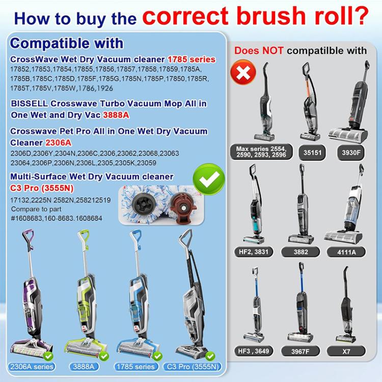 JUNSUNMAY 2pcs Replacement Brush Roll for Bissell CrossWave Vacuum Cleaner 1866 / 1868, Style:Wood Floor Brush