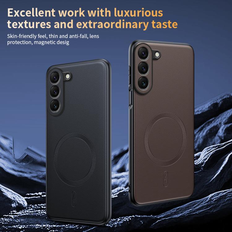 For Samsung Galaxy S23+ 5G Plain Leather MagSafe Shockproof Phone Case